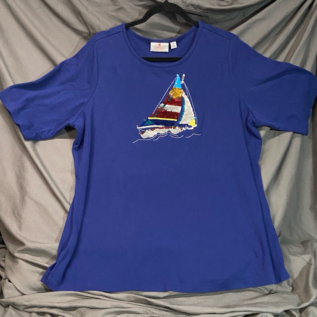 Quacker Factory Blue Short Sleeve Tee With Sailboat Design